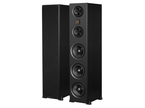 A pair of black Airmotiv XT3 floorstanding tower loudspeakers with multiple drivers visible on the front panel.