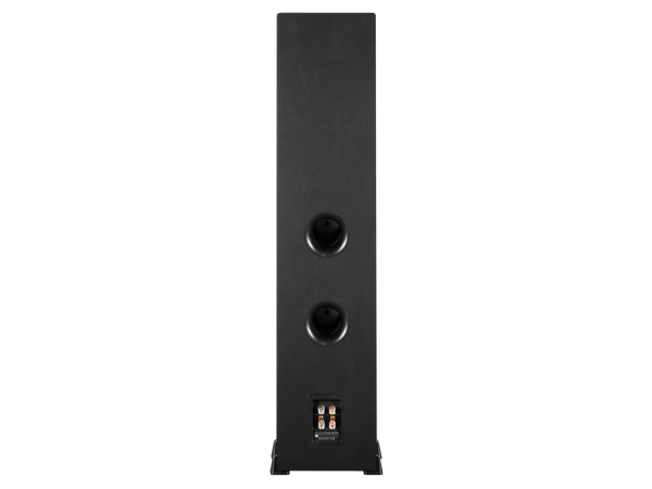 photo of the back of a single black Airmotiv XT3 floorstanding loudspeakers