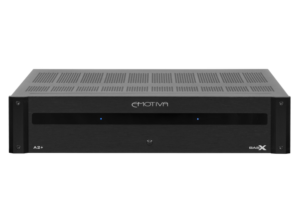 Black BasX A2+ Amplifier with 'Emotiva' branding on a white background