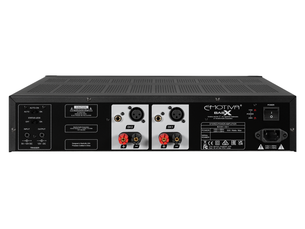 photo of the back of the BasX A2+ Amplifier showing inputs and outputs