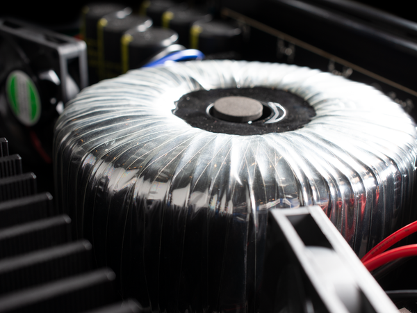 Close-up of a transformer in an electronic device