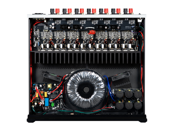 Inside of BasX A7+ amplifier with visible components on a white background
