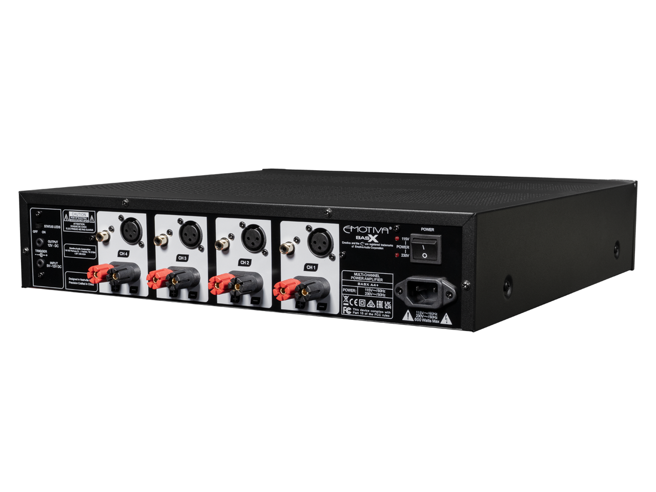 Black audio amplifier with multiple inputs on a white background