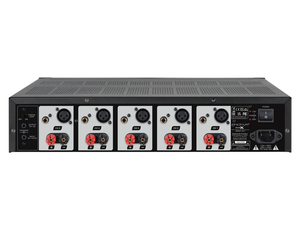 Back view of an audio equipment rack with various connectors on a white background