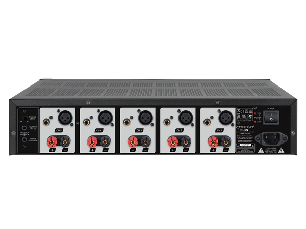Back view of an audio equipment rack with various connectors on a white background