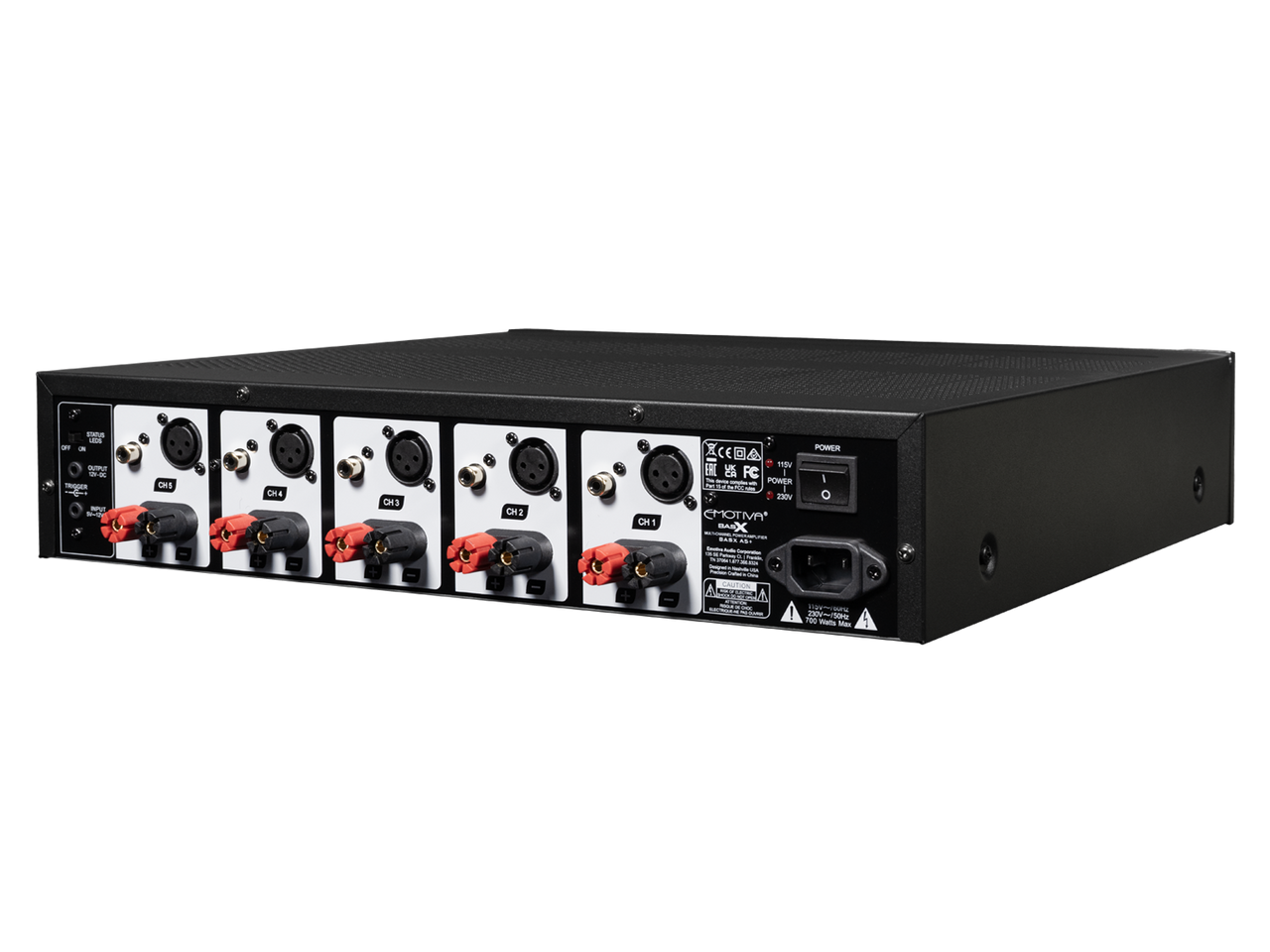 Black amplifier with control panels on a white background