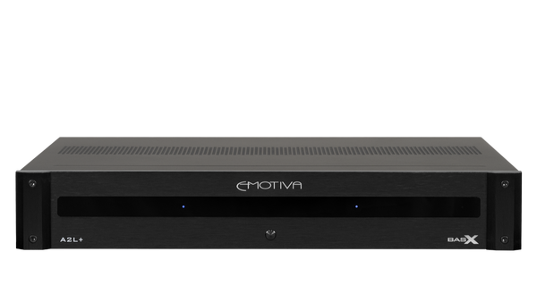 A black BasX A2L+ stereo amplifier with the brand name visible on the front panel.