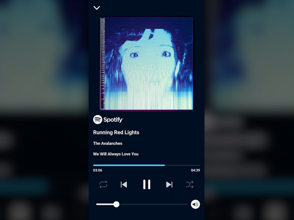 Spotify media player interface showing the album art and track information for 'Running Red Lights' by The Avalanches, with a blue-toned abstract face artwork on a dark background.