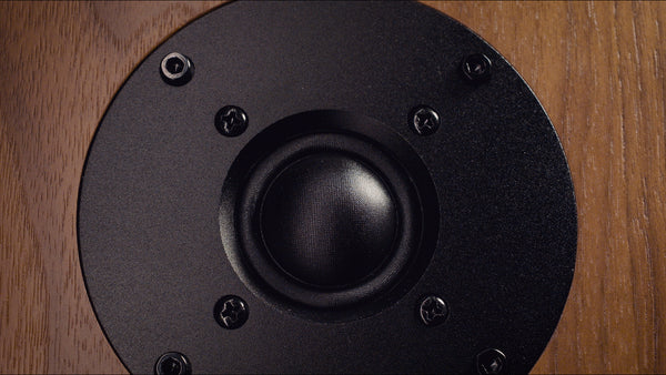 Close-up of a black speaker cone on a wooden background