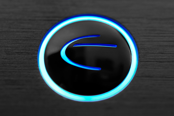 Logo with blue glowing ring on a dark background