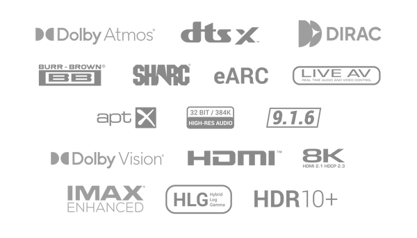 Processor Feature logos- Dolby Atmos, DTSX, Dirac, Burr-Brown, SHARC, eARC, Live AV, APTX, 9.1.6, 32 bit 384k High Res Audio, Dolby Vision, HDMI, 8k, IMAX Enahanced, HLG, HDR10+