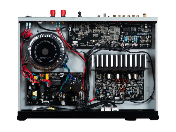Inside of a Black BasX TA1 stereo preamp/DAC/tuner showing various internal components