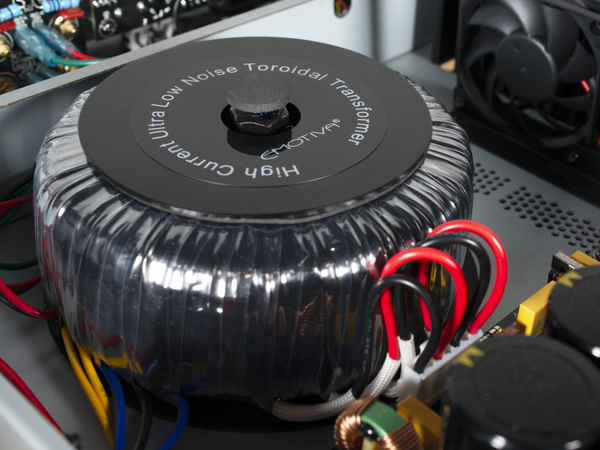 closeup photo of various internal components of the BasX TA2 featuring a Toroidal Transformer