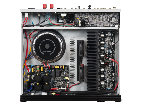 Inside of a Black TA2 stereo preamp/DAC/tuner showing various internal components