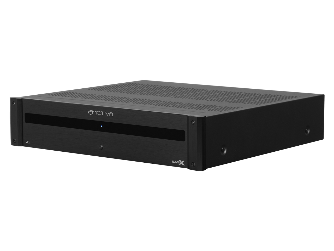 A black monoblock power amplifier with the label 'BasX A1' on the front.