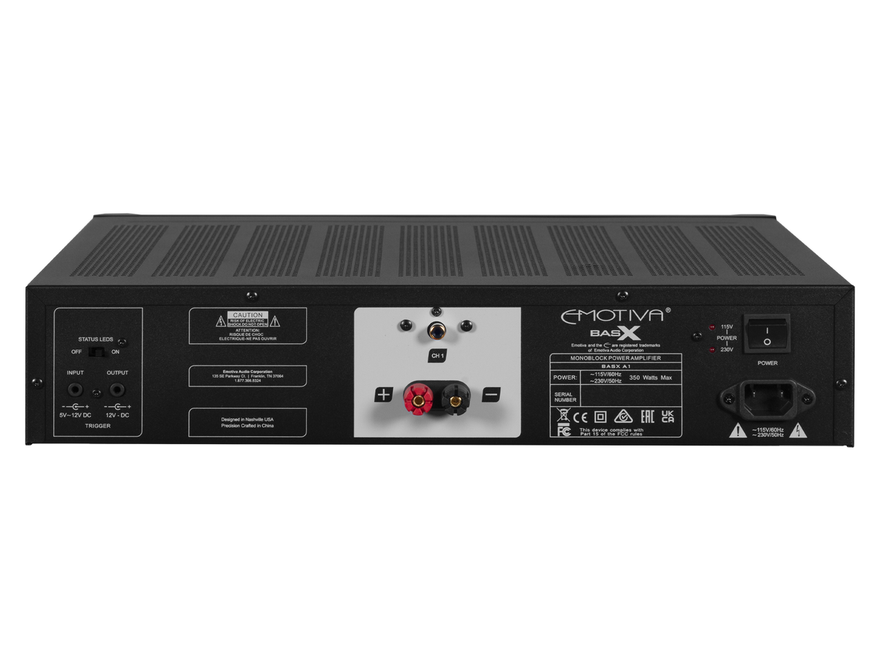 Photo of the back of the BasX A1 monoblock amplifier showing various inputs and controls