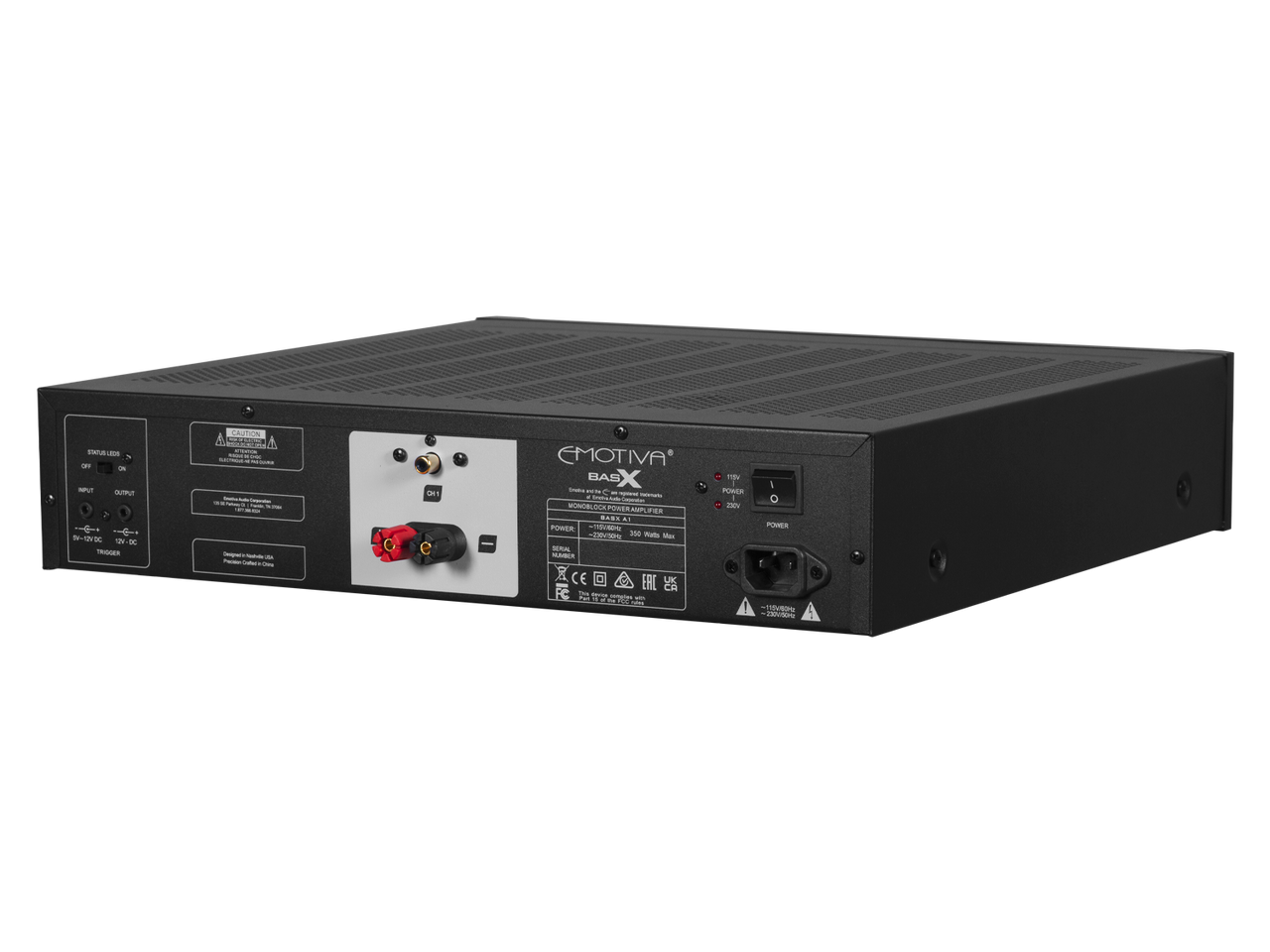 Photo of the back of the BasX A1 monoblock amplifier showing various inputs and controls