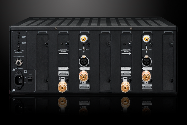 Photo of the rear view of the XPA Gen3 DR2 2 Channel Amplifier on a dramatic gray background showing off the inputs and outputs