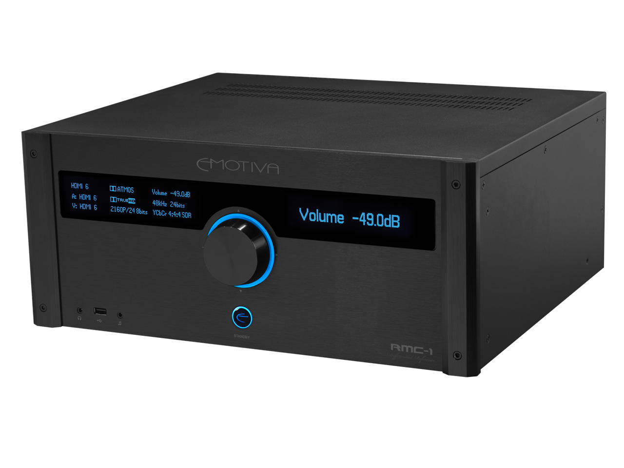 Isometric view photo of the front of the RMC-1+ 16 channel cinema processor