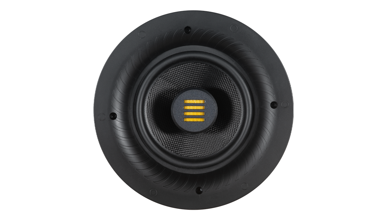 A single Airmotiv Vaulta in-ceiling/in-wall loudspeakers with black color and a visible central dome.