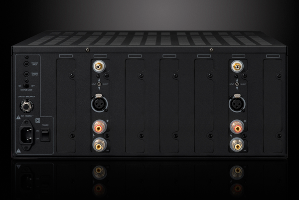 Photo of the rear view of the XPA Gen3 2 Channel Amplifier on a dramatic gray background showing off the inputs and outputs