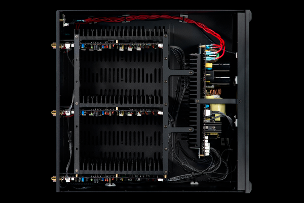 Photo of the top of the XPA Gen3 3 Channel amplifier without the lid showing the amplifier modules