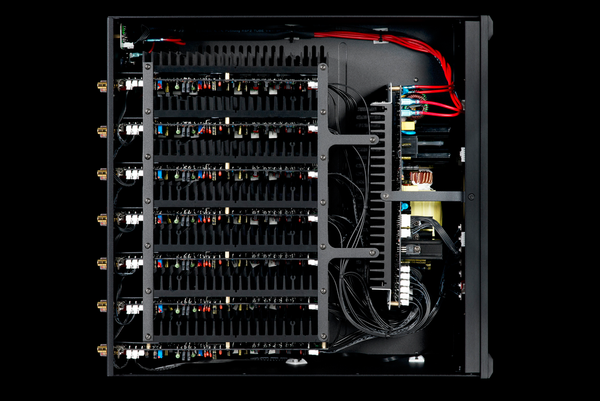 Photo of the top of the XPA Gen3 7 Channel amplifier without the lid showing the amplifier modules